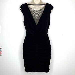 Y2K BCX Deep V CHAIN BEAD BACK Ruched COWL NECK DRESS Large Bodycon Whimsigoth